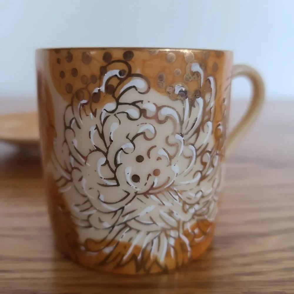 Inarco Demitasse Cup and Saucer Set Golden Splendor Floral Pattern Japan RARE
